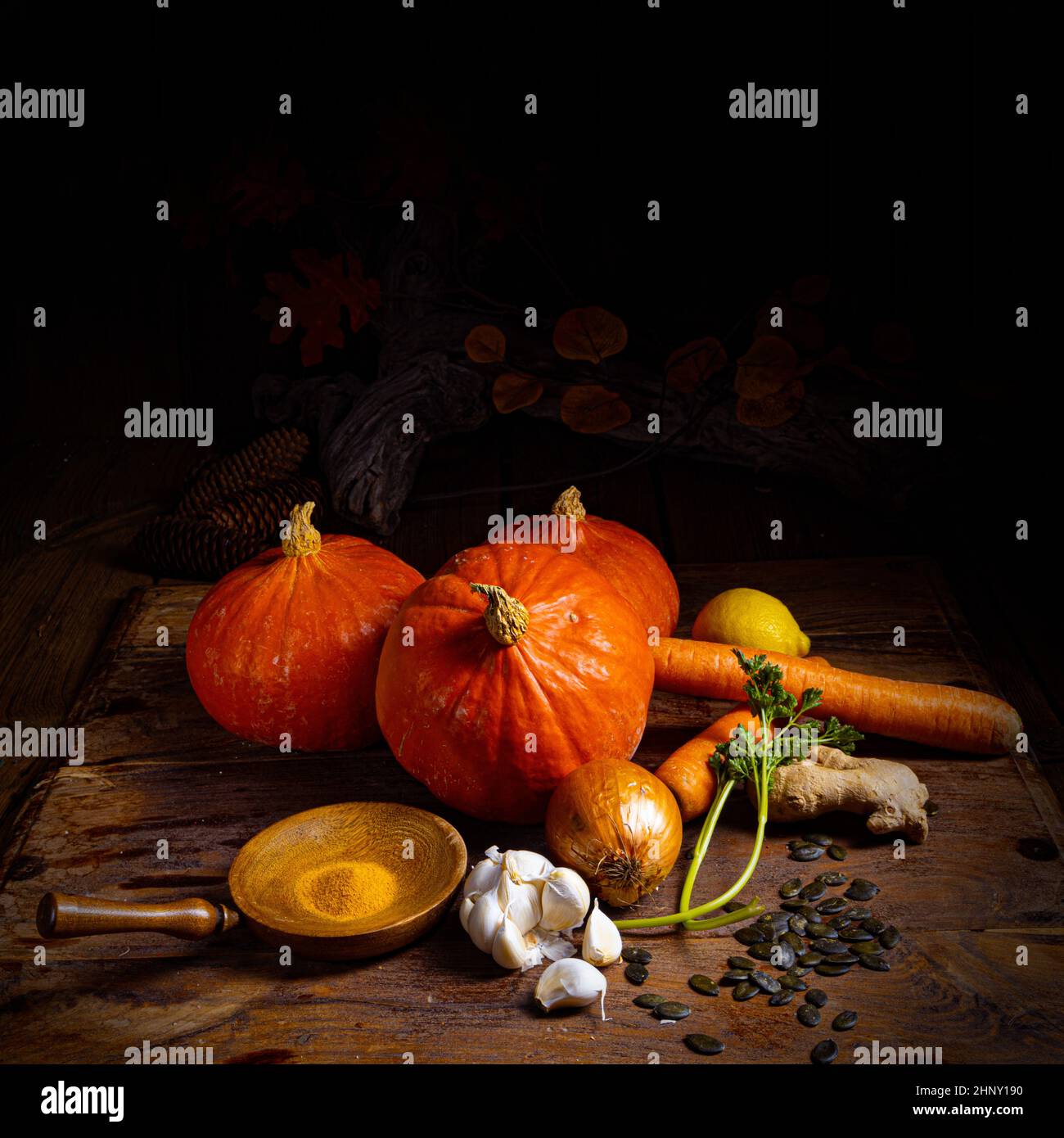 Pumpkin soup, delicious ingredients Stock Photo