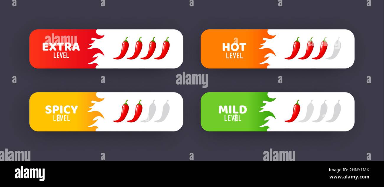 Spicy level sticky labels, vector savory food rating scale emblems. Hot