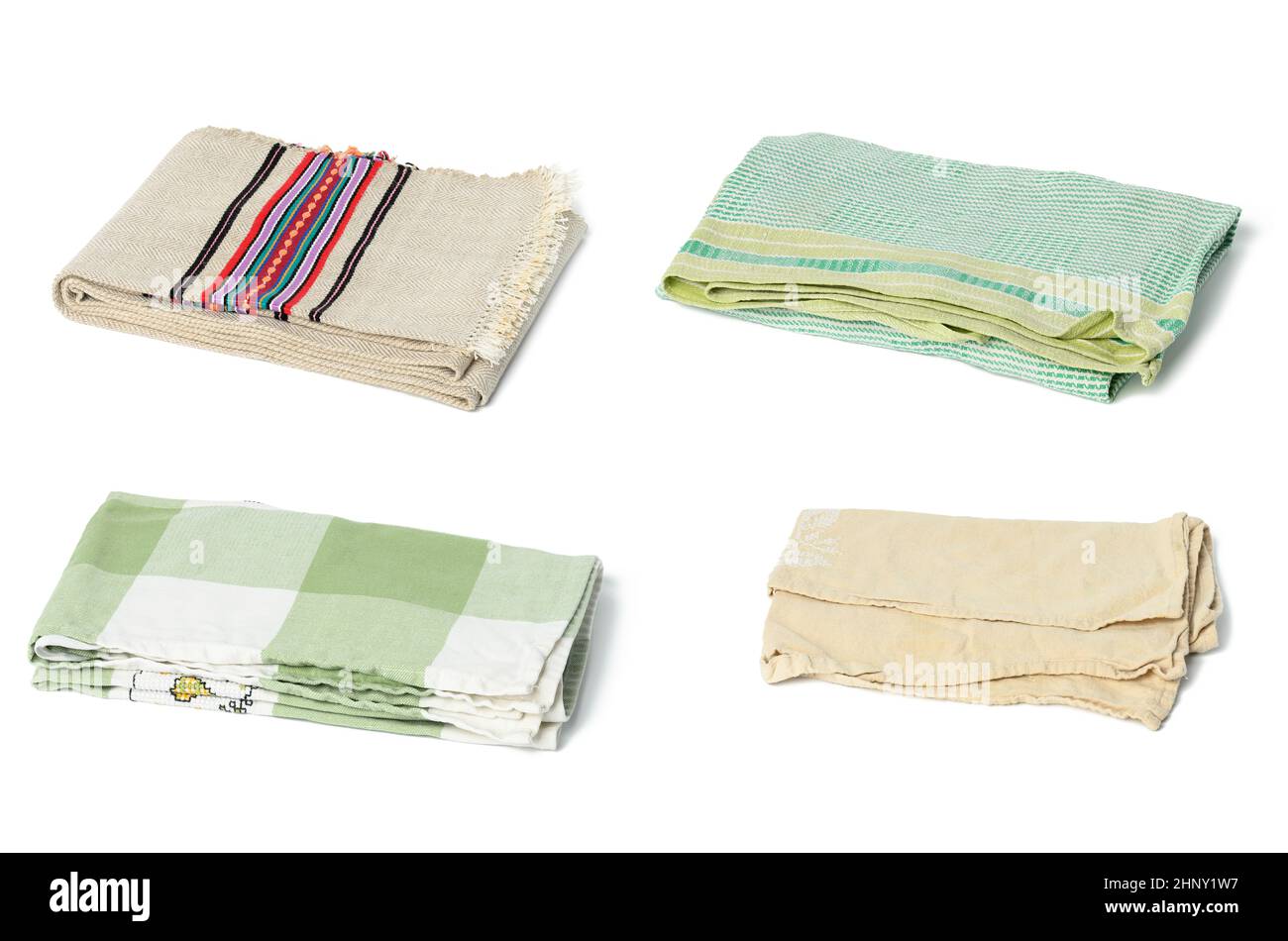 folded linen kitchen towels on white background, set Stock Photo