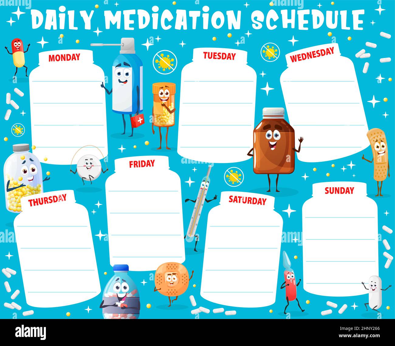 daily-medication-schedule-worksheet-with-cartoon-vector-drugs-pill-and-medication-characters-weekly-planner-medication-schedule-or-health-plan-fun-stock-vector-image-art-alamy