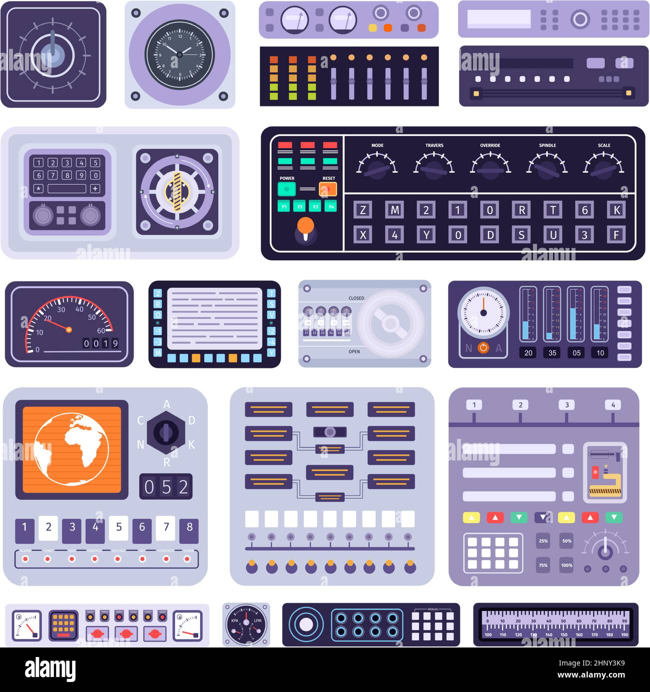 Space control dashboard panel, sensors data and displays. Spaceship cockpit buttons, handles, dials and knobs. Spacecraft console vector set. Equipmen Stock Vector