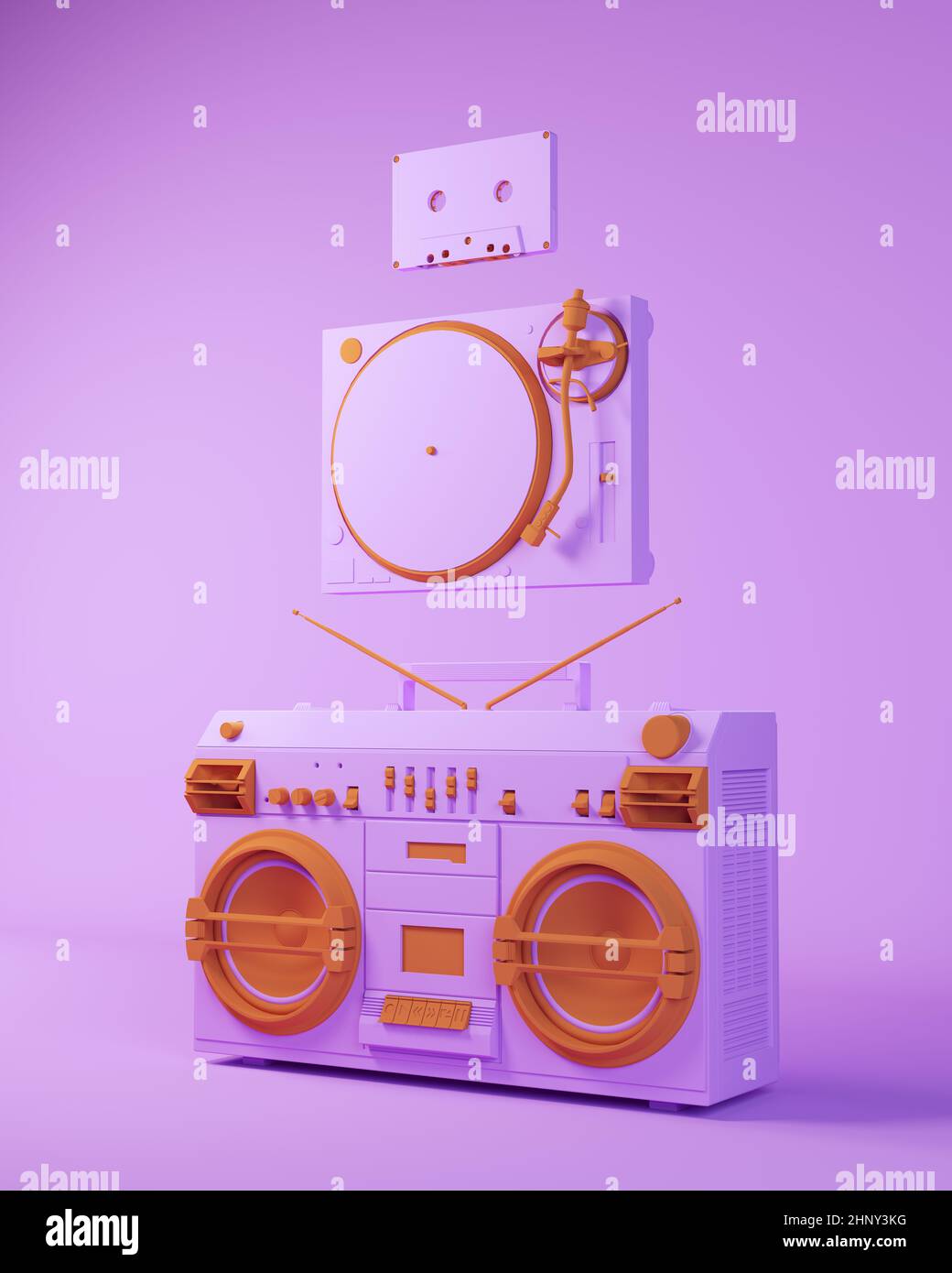Music Purple Orange Boombox Turntable Cassette Tape Retro Technology 3d illustration render