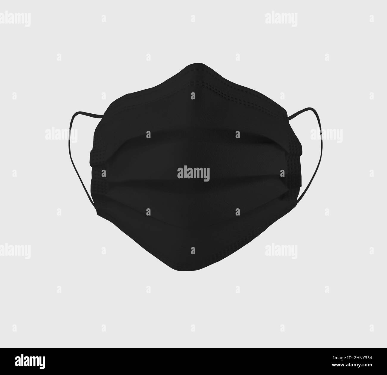 Black surgical mask mockup, 3D rendering, front view, respirator with ear loops, isolated on background. Uniform template for branding, protection fro Stock Photo