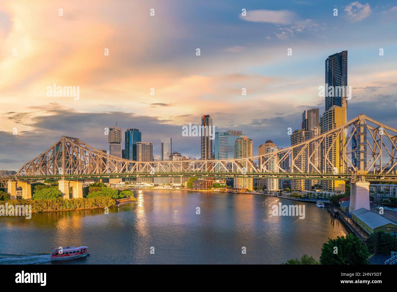 Brisbane city skyline and Brisbane river at sunset in Australia Stock