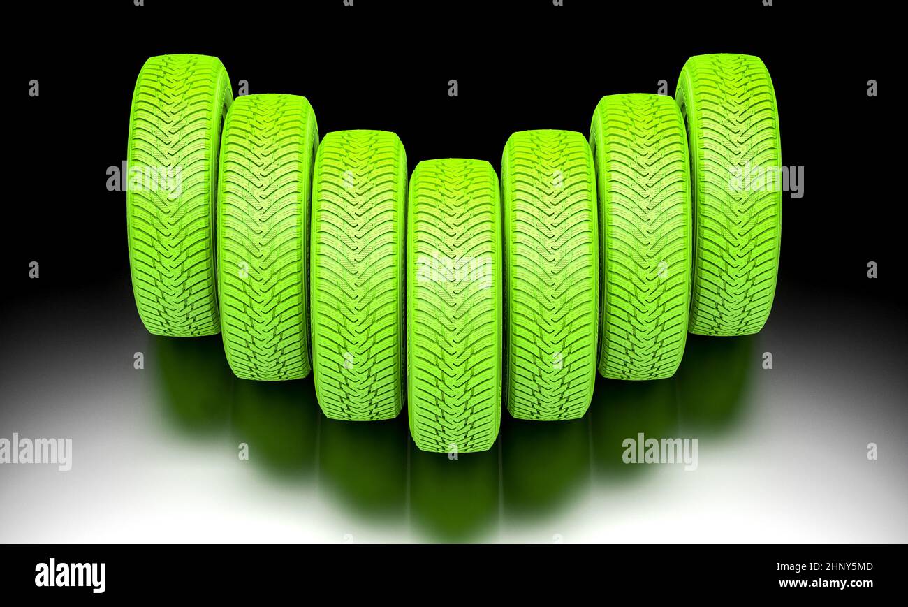 green tires on black. 3d render Stock Photo Alamy