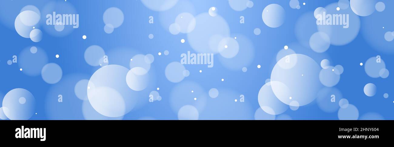 Abstract blue panoramic bokeh background with defocused circles and ...