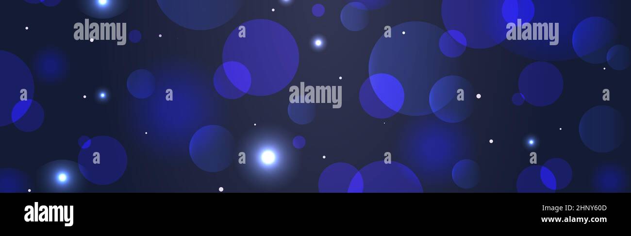 Abstract blue panoramic bokeh background with defocused circles and ...