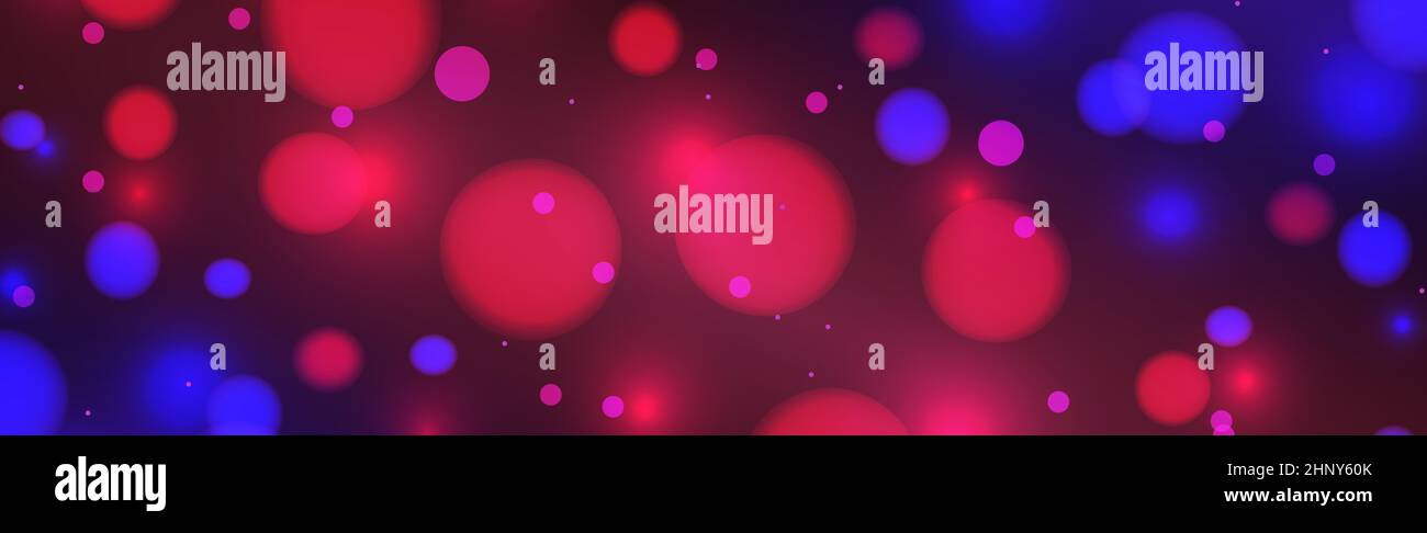 Abstract blue and red panoramic bokeh background with defocused circles ...
