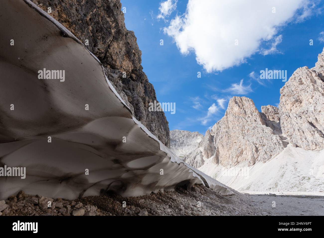 Melting snow at Antermoia lake, Dolomites, Catinaccio group. Italian