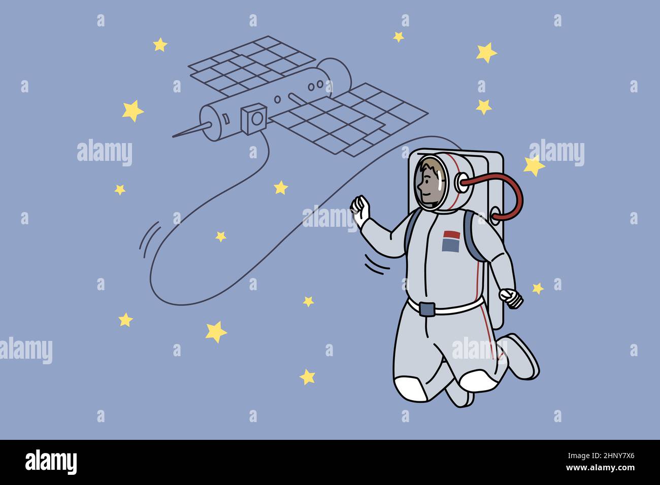 Astronaut in costume connected to satellite in open space. Spaceman with  orbital body in universe. Opening new horizons concept. Enlightenment and  dis Stock Photo - Alamy