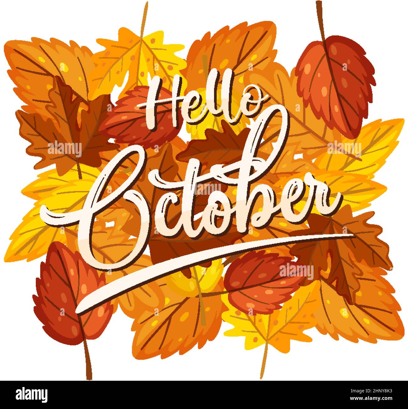 Hello October logo with ornamental autumn leaf illustration Stock ...