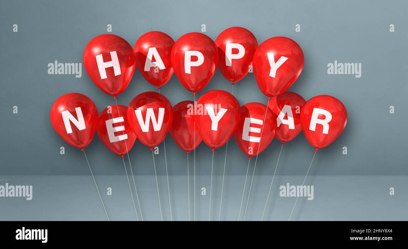 Red happy new year balloons bunch on a grey concrete background ...