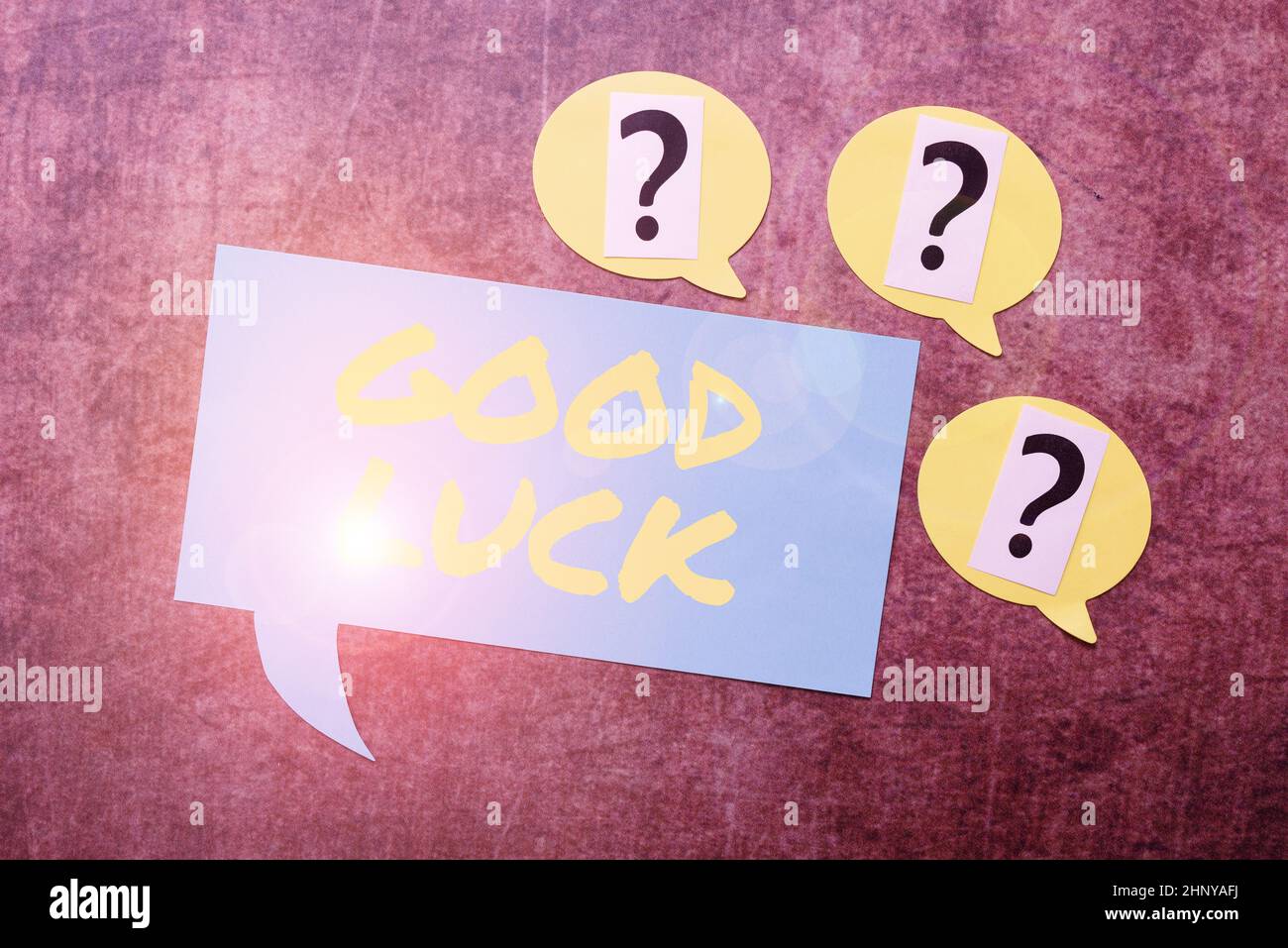 Hand writing sign Good Luck, Internet Concept wish a positive fortune or a happy outcome that a person can have Questioning Uncertain Thoughts, Discus Stock Photo