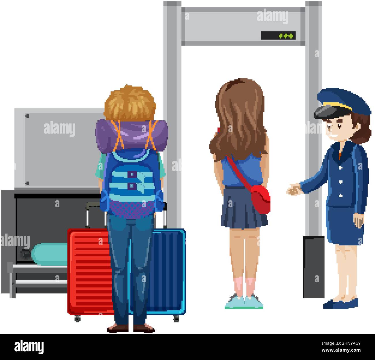 Airport security check with a passenger walking through body scanner