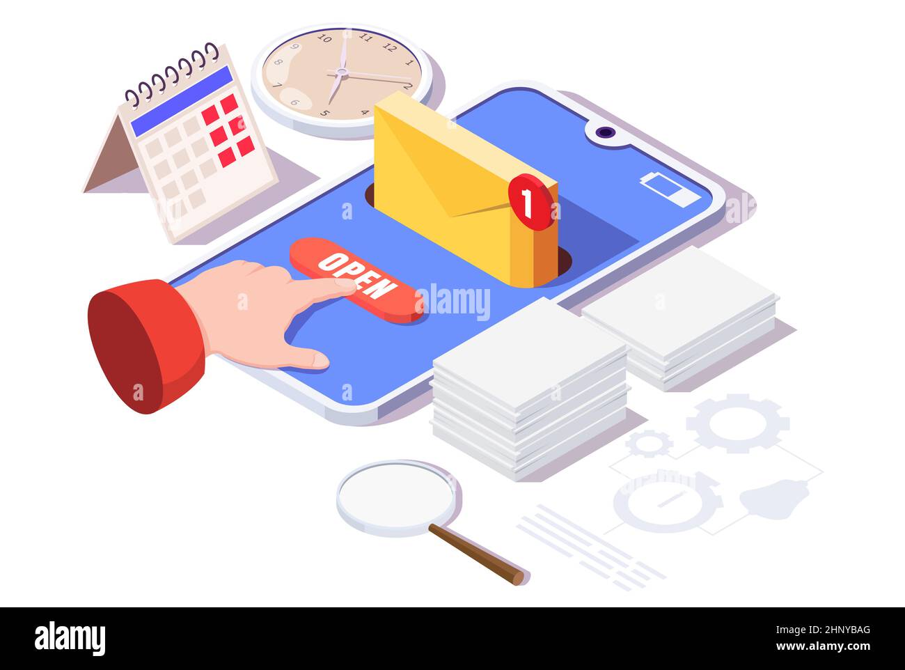 Smartphone with email envelope, open button on screen, vector isometric illustration. Email or message notification. Stock Vector