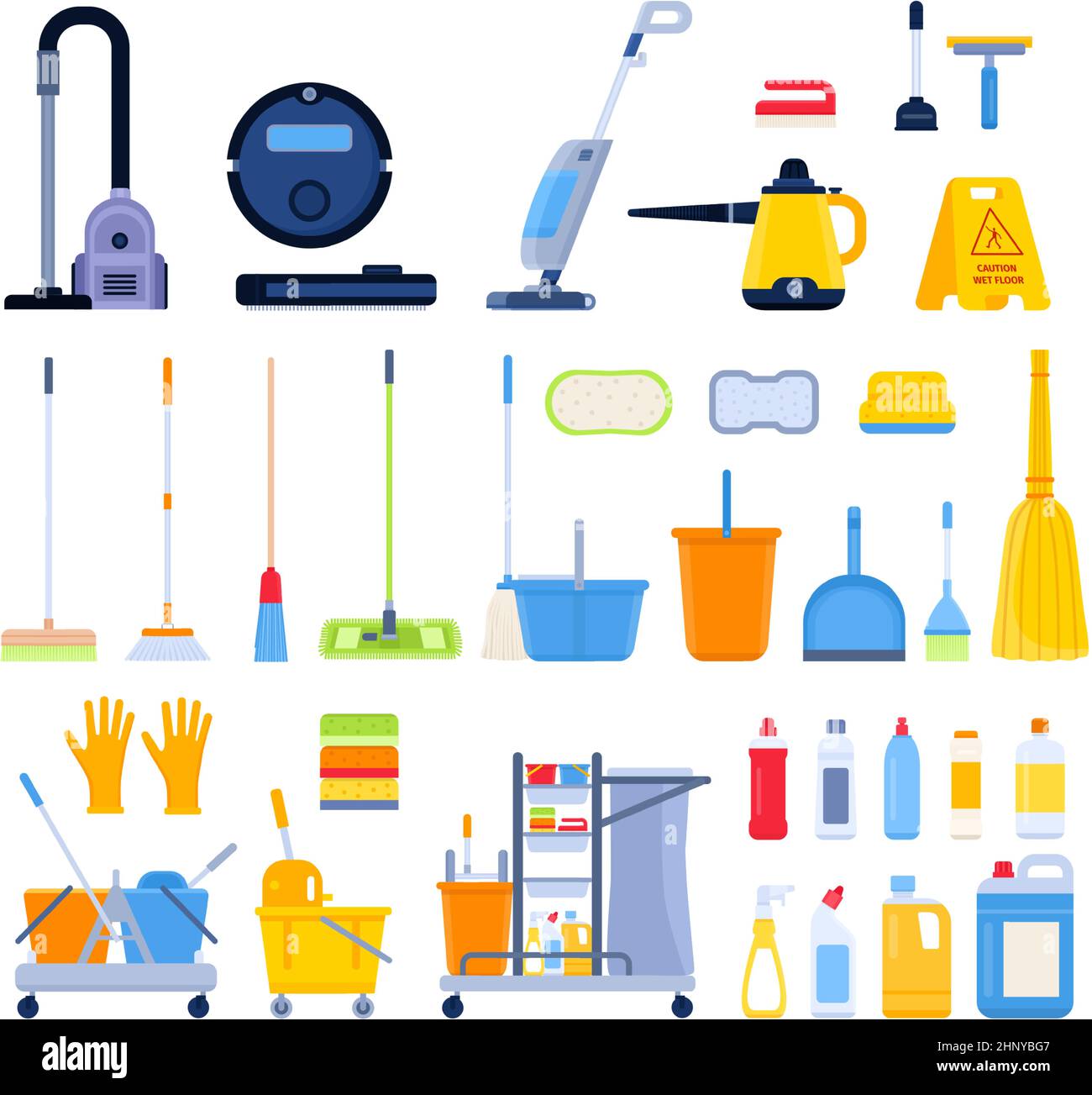 Flat cleaning tools, brooms, rags, brushes and detergent bottles. Household vacuum cleaner, steam mop, buckets, sponges and wipes vector set. Equipmen Stock Vector