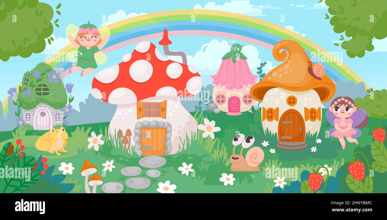 Magic forest village landscape with little houses and fairy. Flower and mushroom fantazy homes for gnomes. Fairytale panorama vector scene. Illustrati Stock Vector