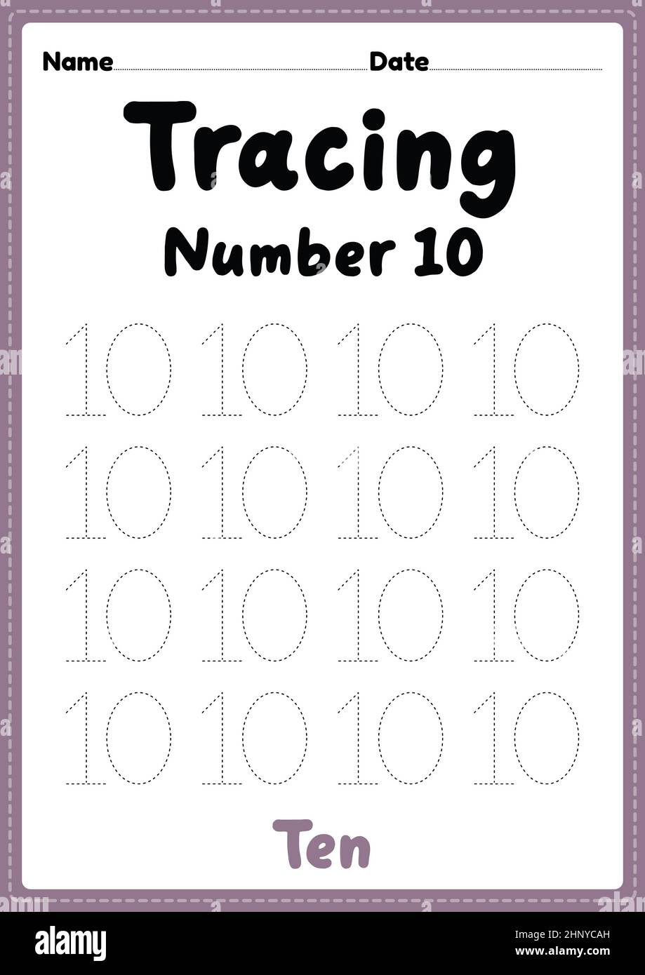 Tracing number 10 worksheet for kindergarten, preschool and Montessori kids for learning numbers and handwriting practice activities. Stock Photo