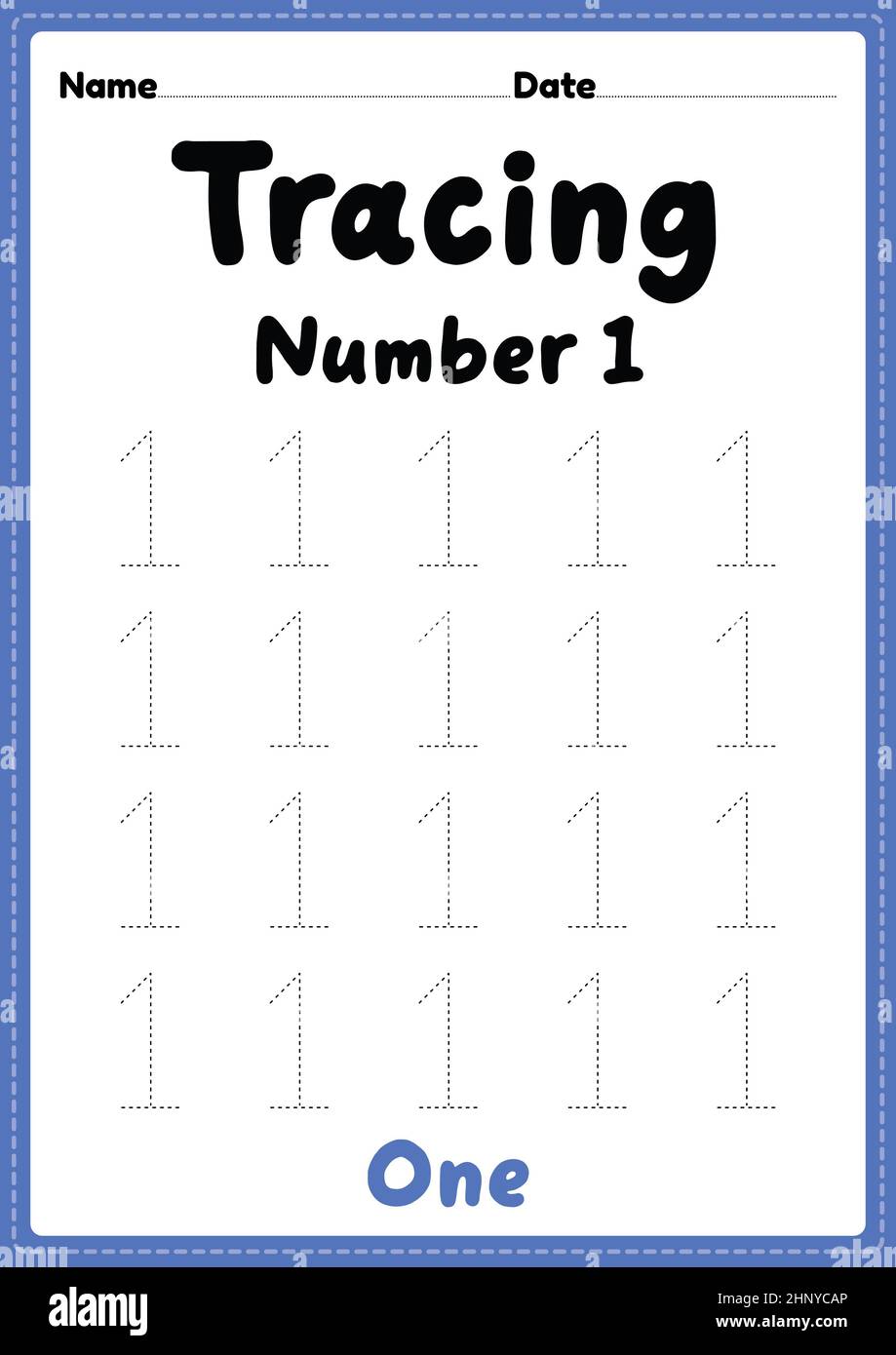 Tracing number 1 worksheet for kindergarten, preschool and Montessori kids for learning numbers and handwriting practice activities. Stock Photo