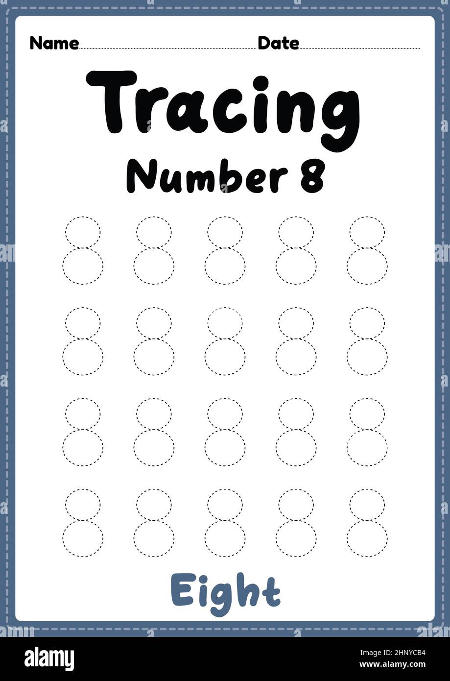 Tracing number 8 worksheet for kindergarten, preschool and Montessori kids for learning numbers and handwriting practice activities. Stock Photo