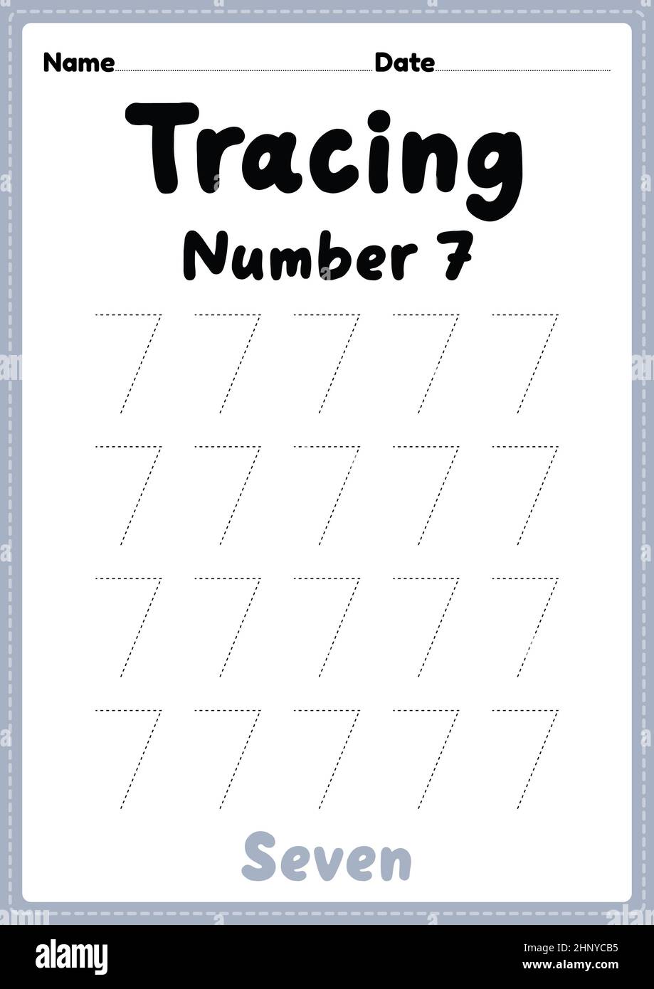 Tracing number 7 worksheet for kindergarten, preschool and Montessori kids for learning numbers and handwriting practice activities. Stock Photo