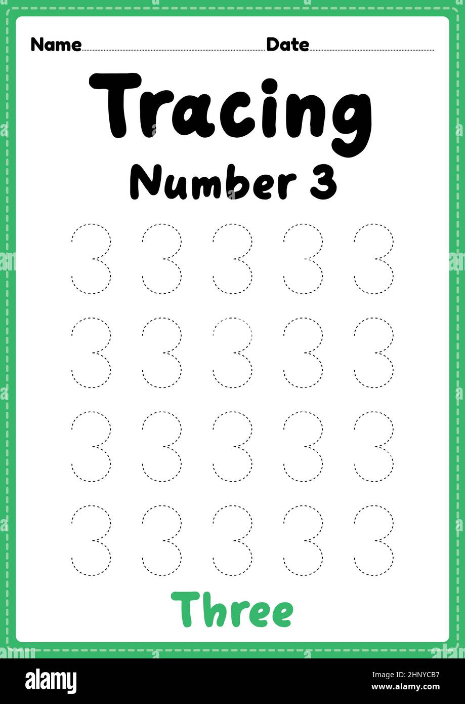 Tracing number 3 worksheet for kindergarten, preschool and Montessori kids for learning numbers and handwriting practice activities. Stock Photo