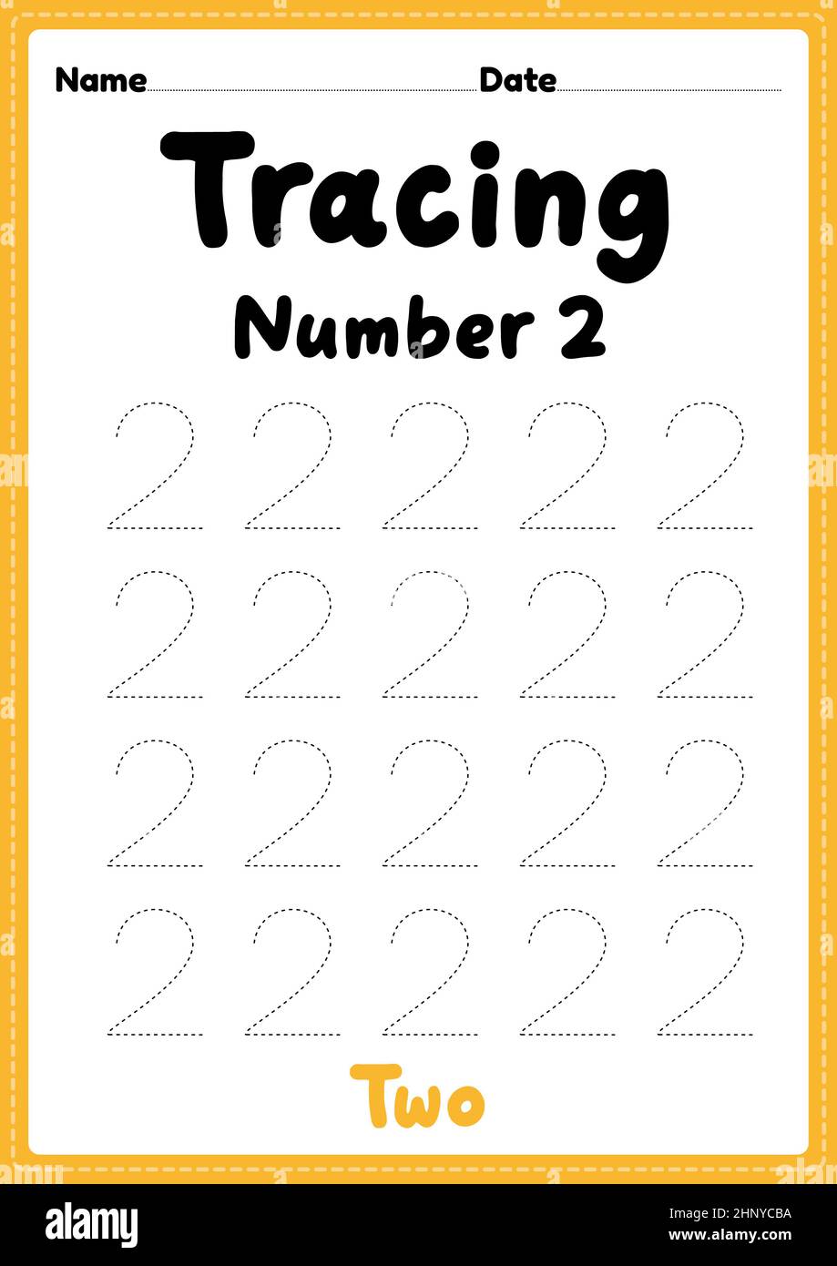 Tracing number 2 worksheet for kindergarten, preschool and Montessori kids for learning numbers and handwriting practice activities. Stock Photo