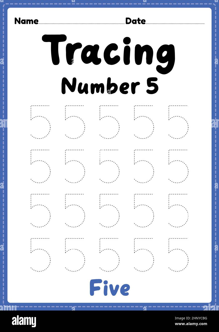 Tracing number 5 worksheet for kindergarten, preschool and Montessori kids for learning numbers and handwriting practice activities. Stock Photo