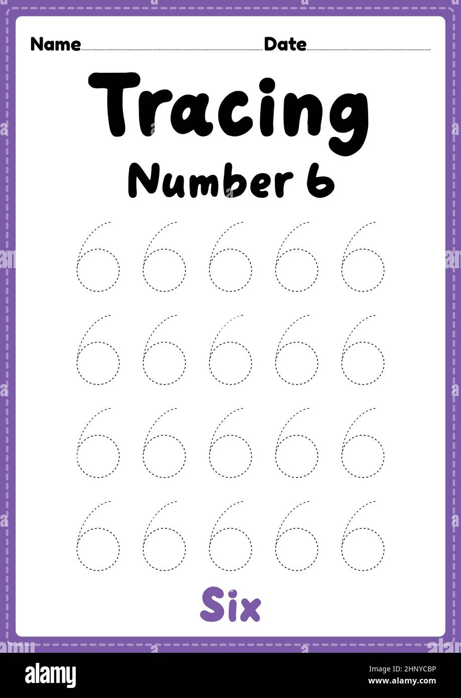 Tracing number 6 worksheet for kindergarten, preschool and Montessori kids for learning numbers and handwriting practice activities. Stock Photo