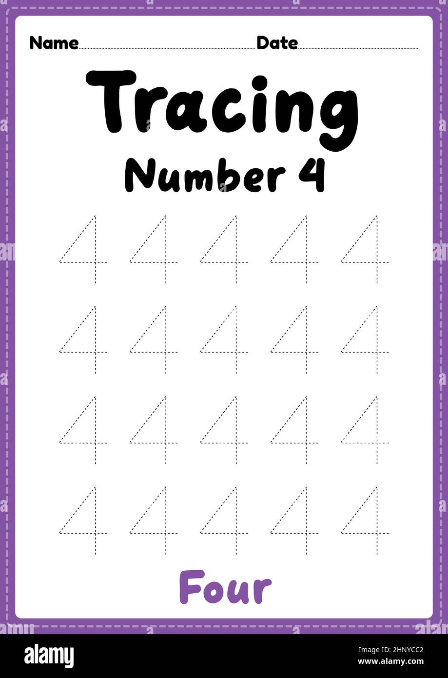 Tracing number 4 worksheet for kindergarten, preschool and Montessori kids for learning numbers and handwriting practice activities. Stock Photo
