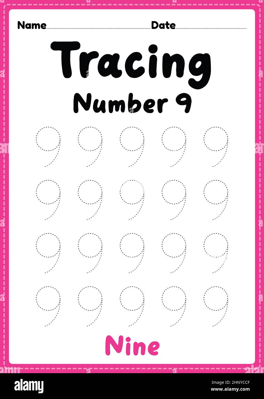 Tracing number 9 worksheet for kindergarten, preschool and Montessori kids for learning numbers and handwriting practice activities. Stock Photo