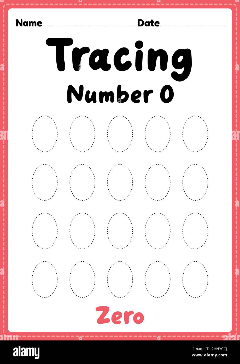 Tracing number 0 worksheet for kindergarten, preschool and Montessori kids for learning numbers and handwriting practice activities. Stock Photo