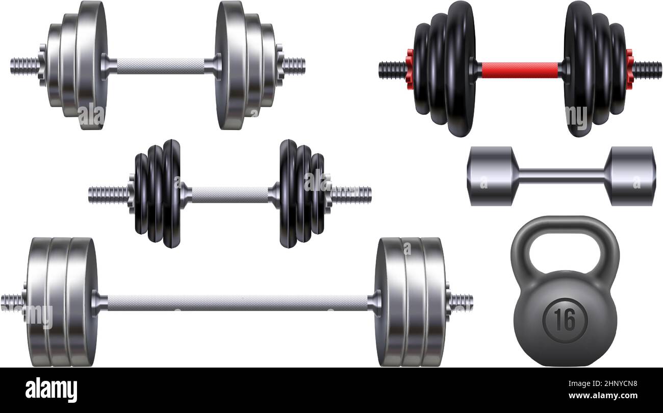 Realistic metal dumbbells, kettlebell and barbell for gym weight