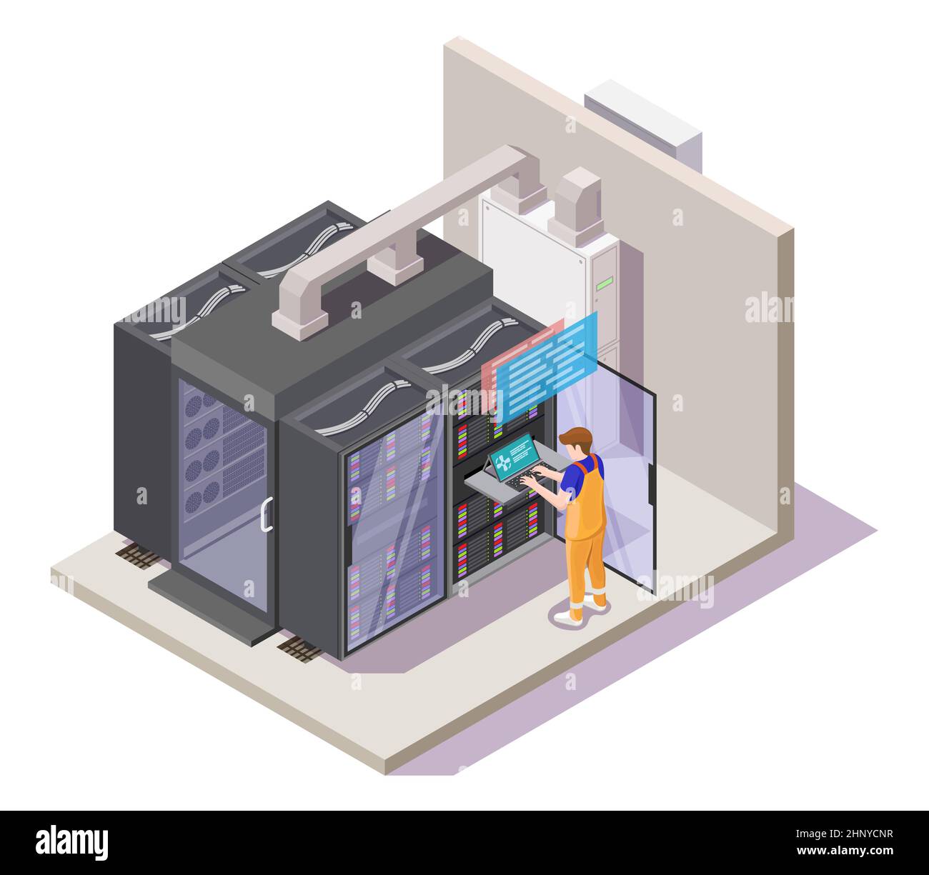 Data center or server room with server racks, technician performing ...