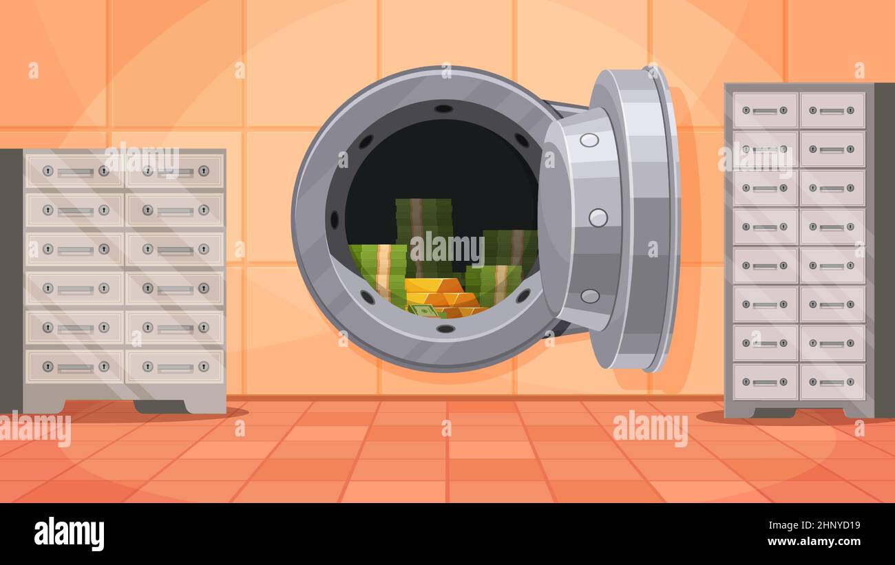 Bank safe room entrance with open metal door. Cartoon money secure