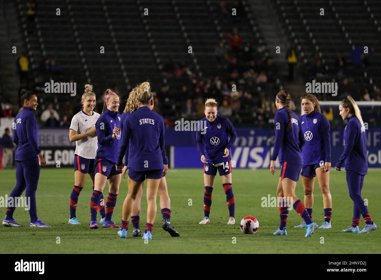 Carson, USA. 17th Feb, 2022. Carson, California, February 17t USA players laugh as they warm up during the She Believes Cup game between USA and Czech Republic at Dignity Health Sports Park in Carson, California. Andrea Vilchez/SPP Credit: SPP Sport Press Photo. /Alamy Live News Stock Photo