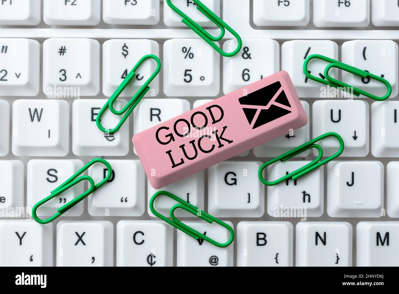 Conceptual display Good Luck, Word for wish a positive fortune or a happy outcome that a person can have Typing Cooking Lesson Guidebook, Retyping New Stock Photo