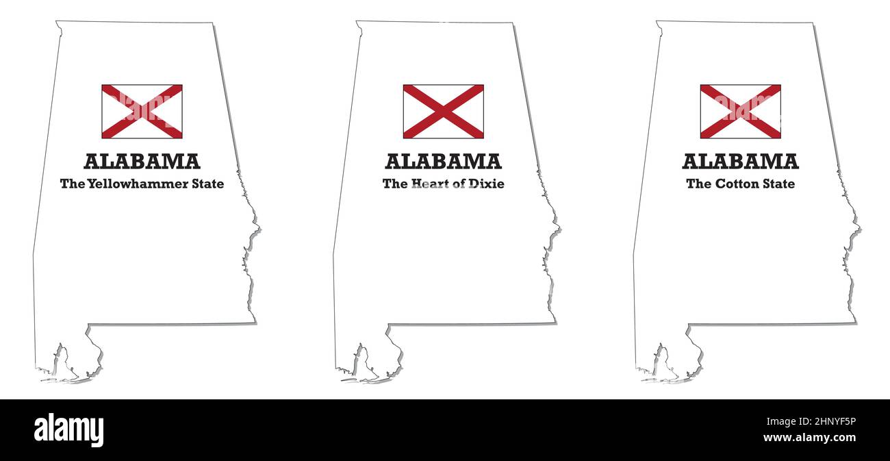Map of the state of Alabama with flag and nickname, USA Stock Vector