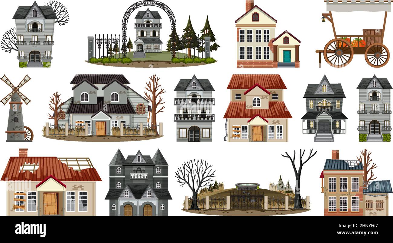 Set of abandoned houses and buildings illustration Stock Vector Image ...