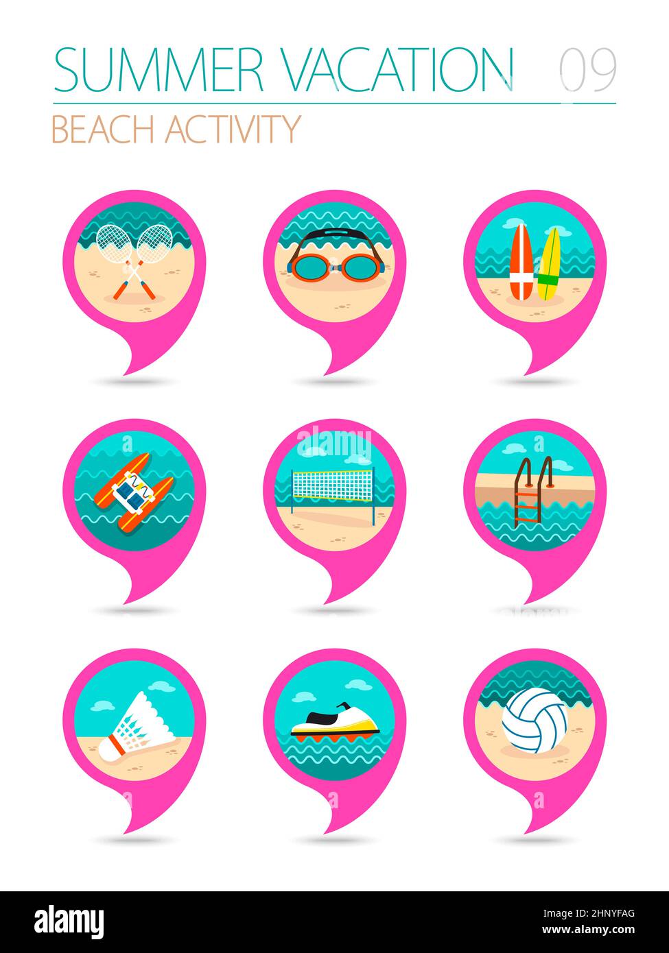 Beach activity vector pin map icon set. Summer time Map pointer. Map ...