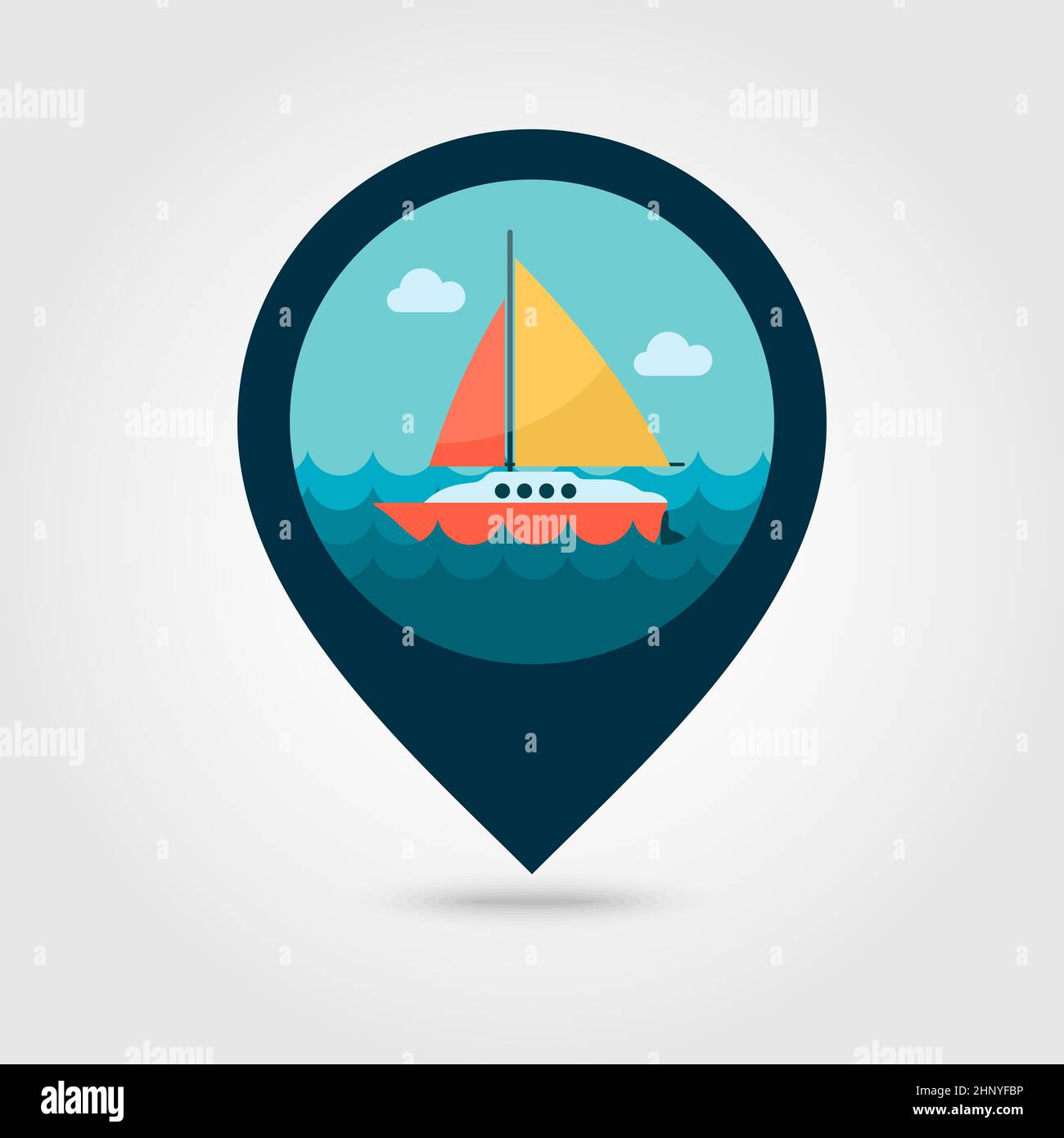 Boat with a Sail vector pin map icon. Marine Map pointer. Summer Map markers. Summertime. Vacation, eps 10 Stock Photo