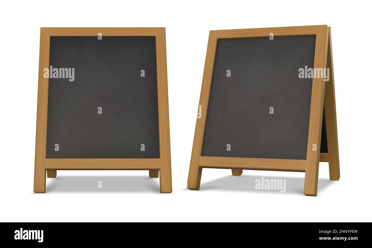 Outdoor chalk menu blackboard stand with wood frame. Realistic chalkboard easel for cafe or
