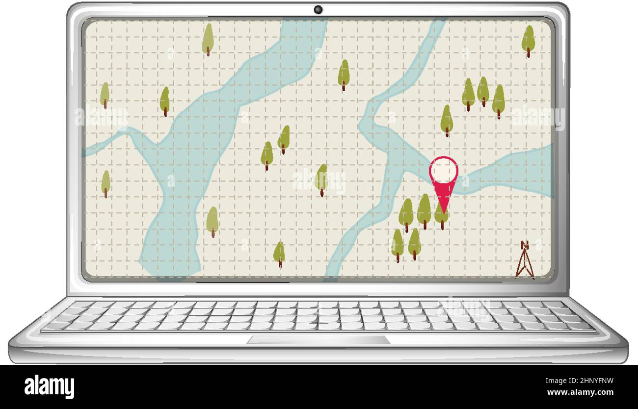 Laptop computer with map and pin location display illustration Stock ...