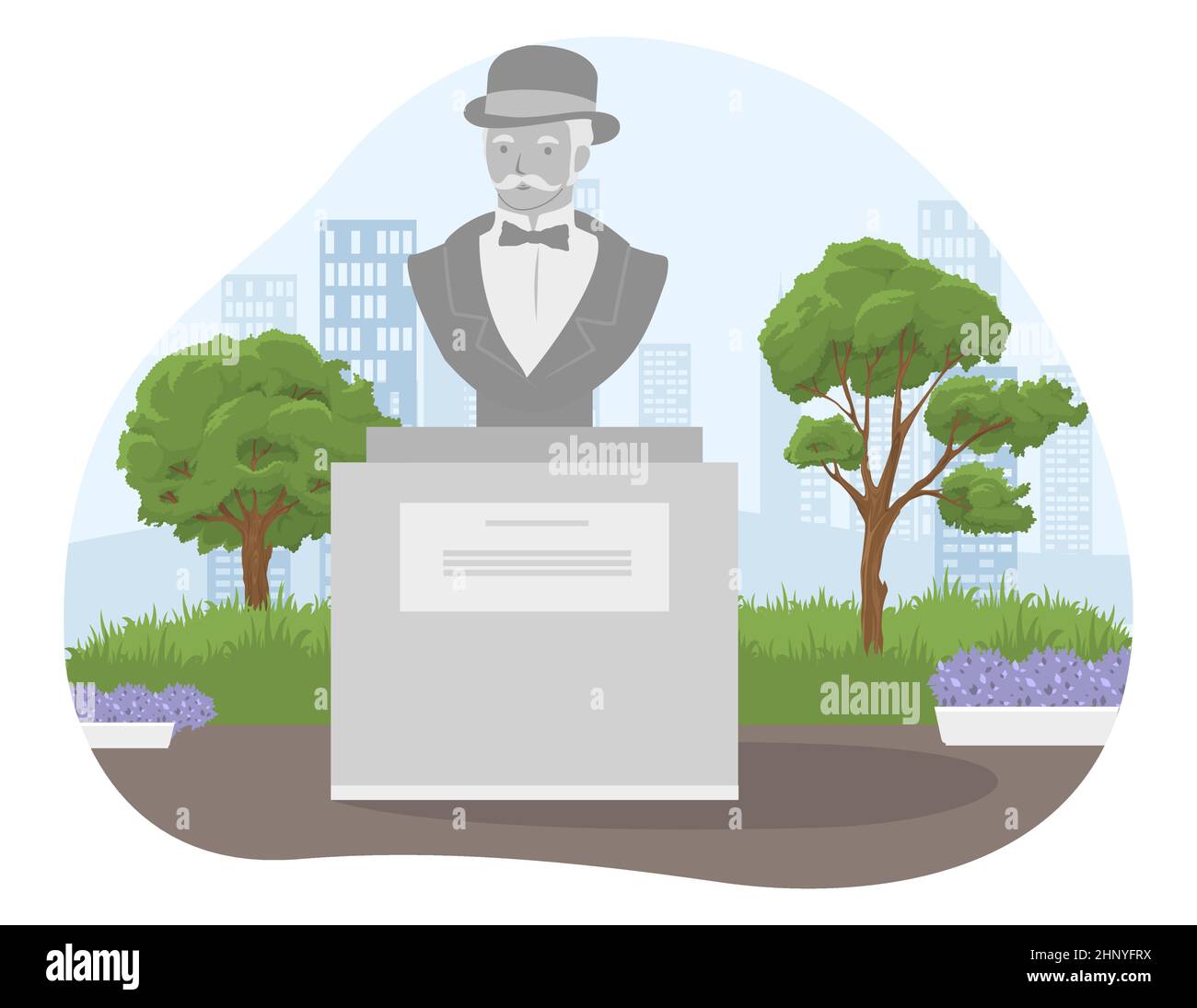 Monument in city park, flat vector illustration. Bust sculpture of senior man in bowler hat, tuxedo and bowtie. Stock Vector
