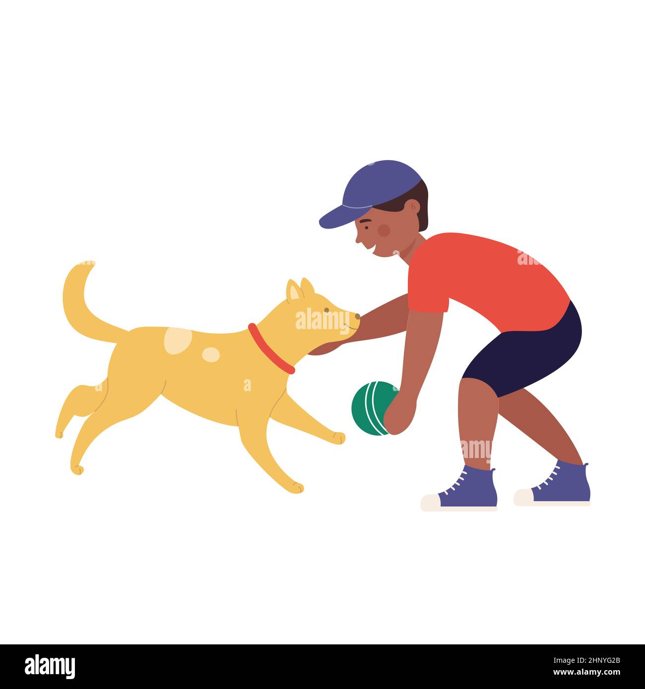Little boy playing ball with his puppy dog. Outdoor daily pet activity and happy family moment cartoon vector illustration Stock Vector