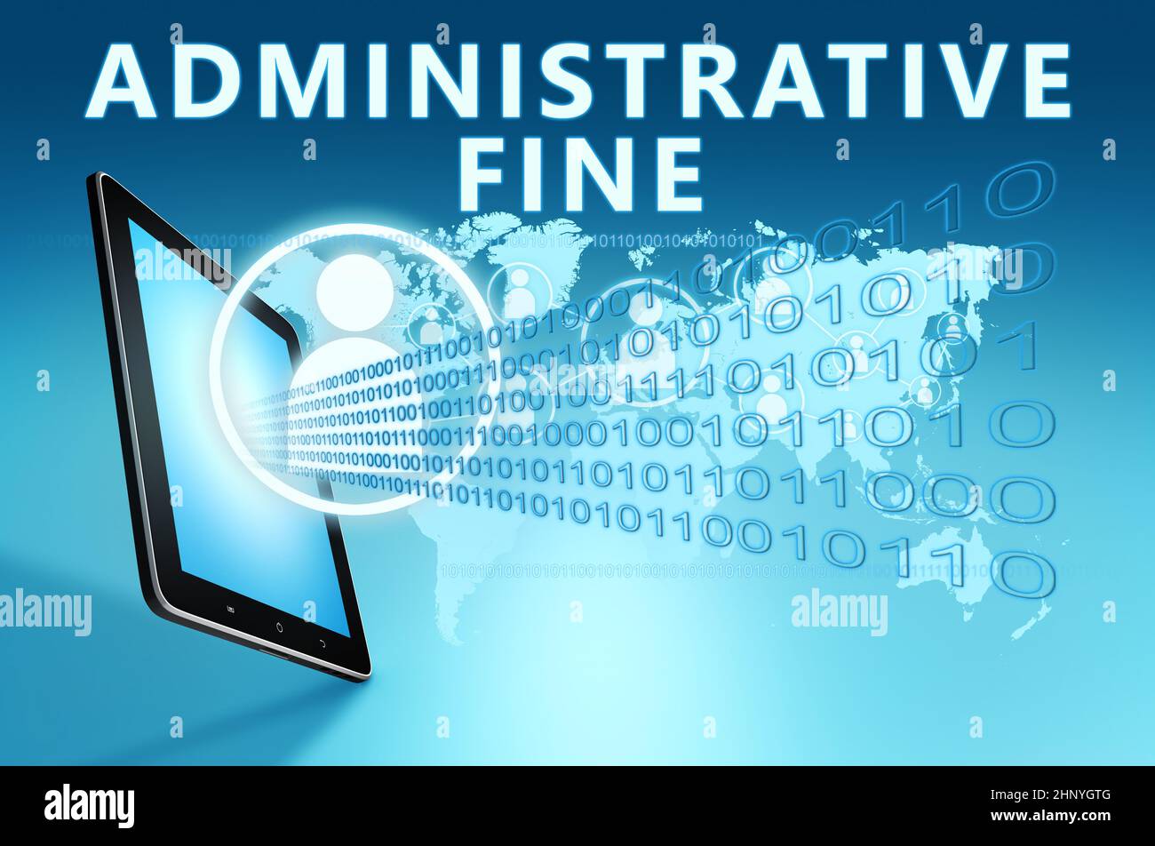 Administrative Fine - text concept with tablet computer on blue wolrd map background - 3d render illustration. Stock Photo