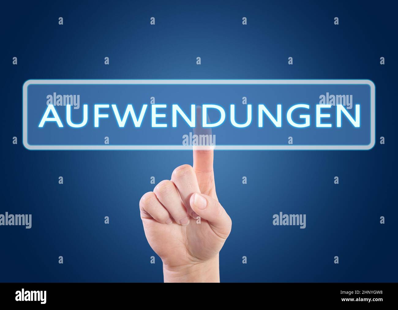 Aufwendungen - german word for expenses or outlay or operating costs - Hand button on interface with blue background. Stock Photo