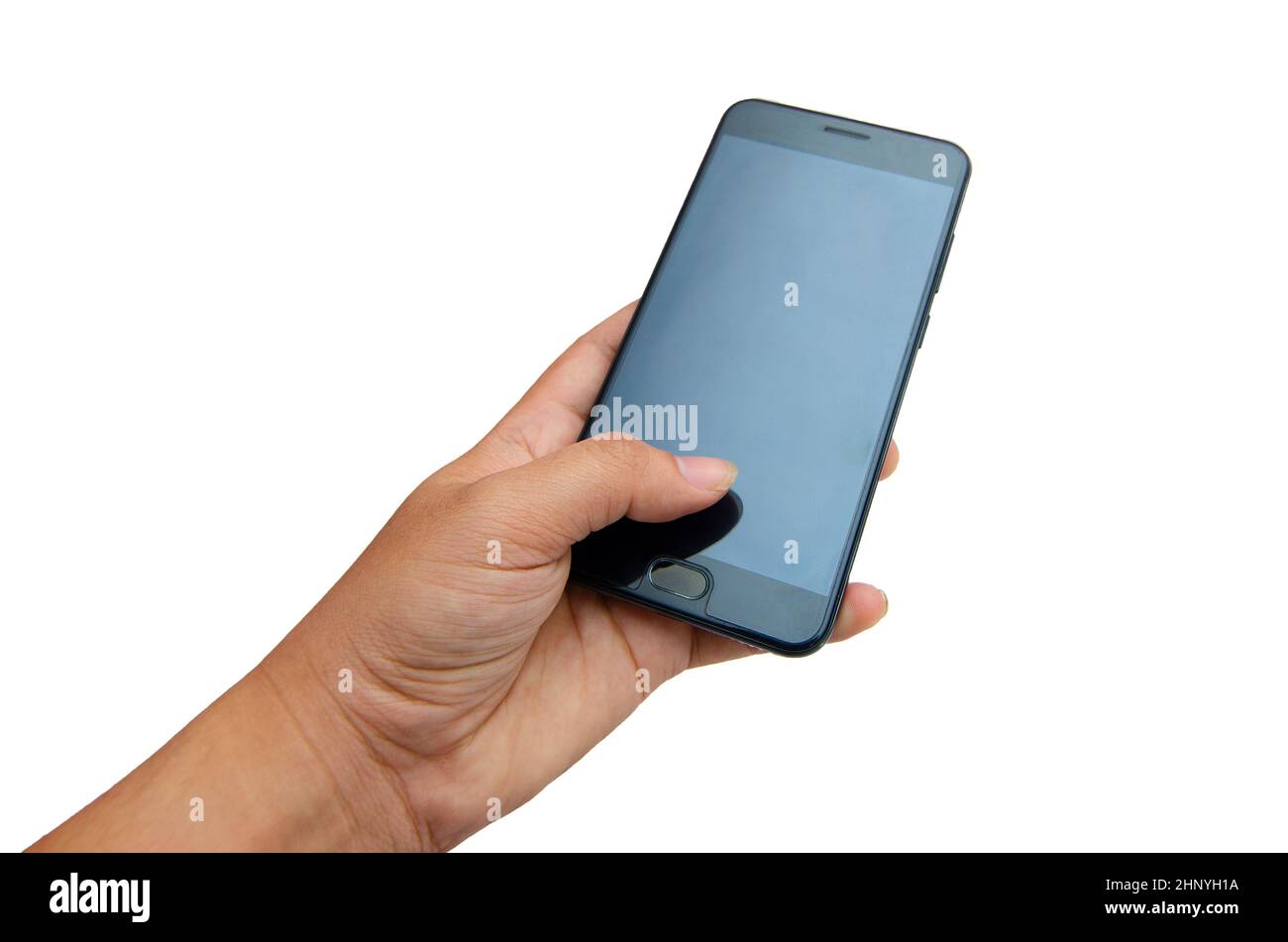 hand phone Isolate Hand pressed Black phone on a white background Isolate Stock Photo