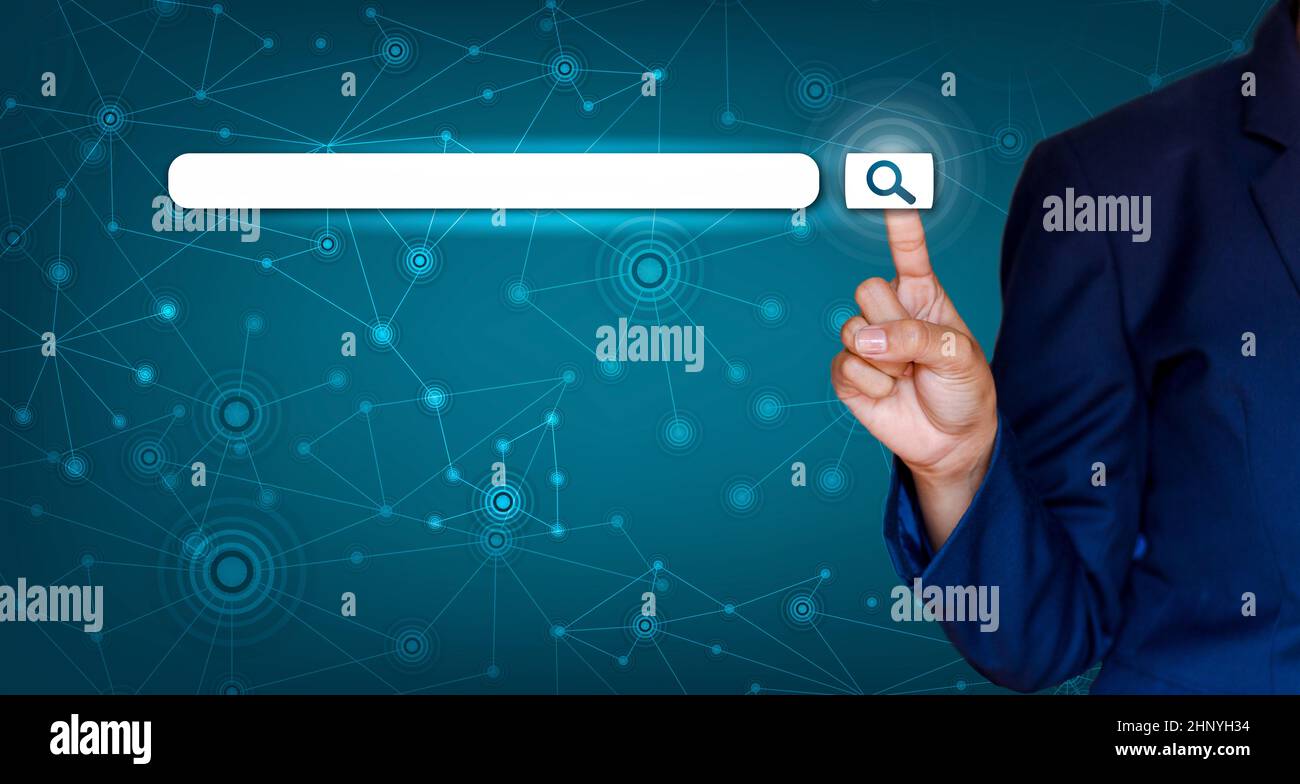 web search bar Search button on virtual screen pressed with finger Stock Photo