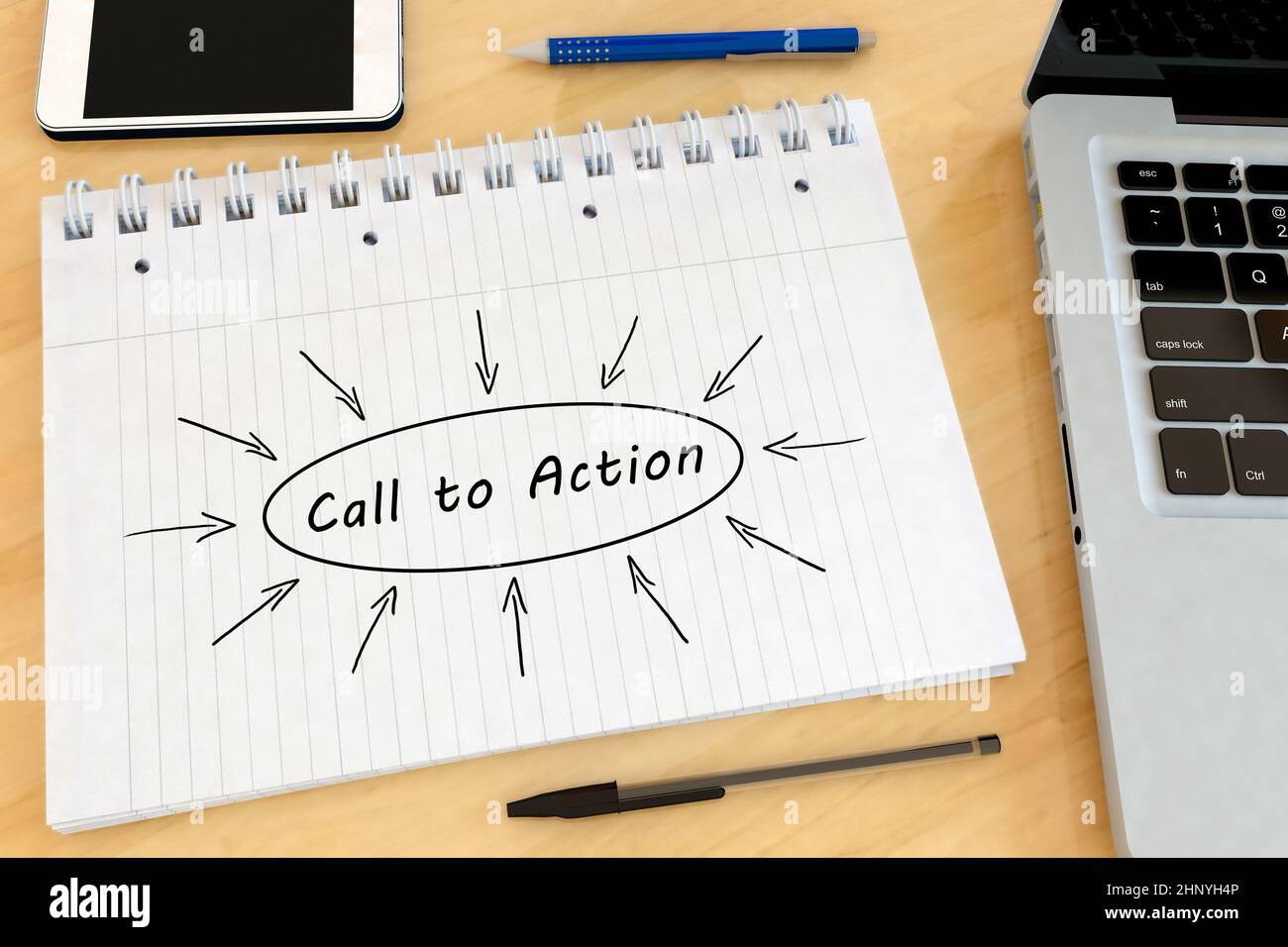 Call to Action - handwritten text in a notebook on a desk - 3d render illustration. Stock Photo
